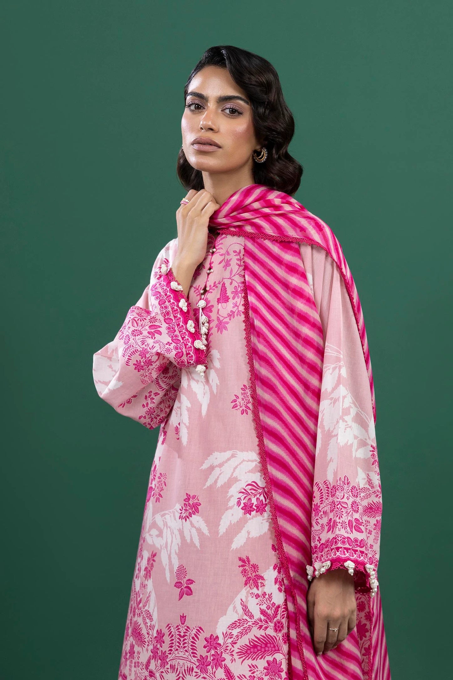 H253-003A-3AI – Mahay pastel lawn outfit with printed shirt, cambric pants, and soft blush pink chiffon dupatta – Summer stitched suit at Pakistanimoda