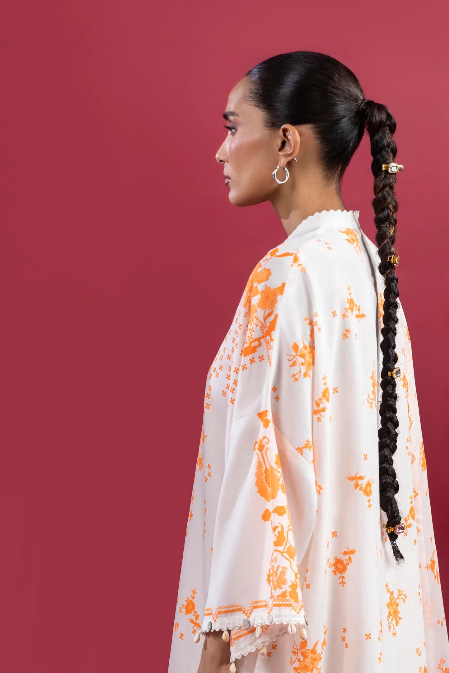 H253-004B-3AI – Mahay stitched lawn outfit with dyed cambric pants and printed chiffon dupatta in orange tones – Ready-to-wear for UK women at Pakistanimoda