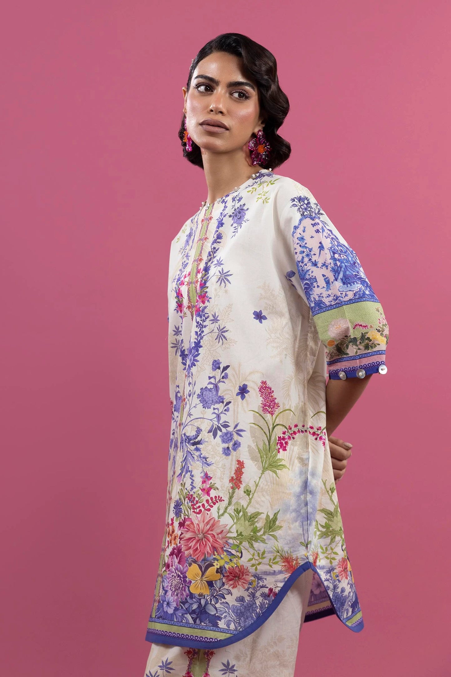 H253-005A-2C – Mahay stitched lawn dress with blue print, cambric pants, and chiffon dupatta – Ready-to-wear for USA shoppers at Pakistanimoda
