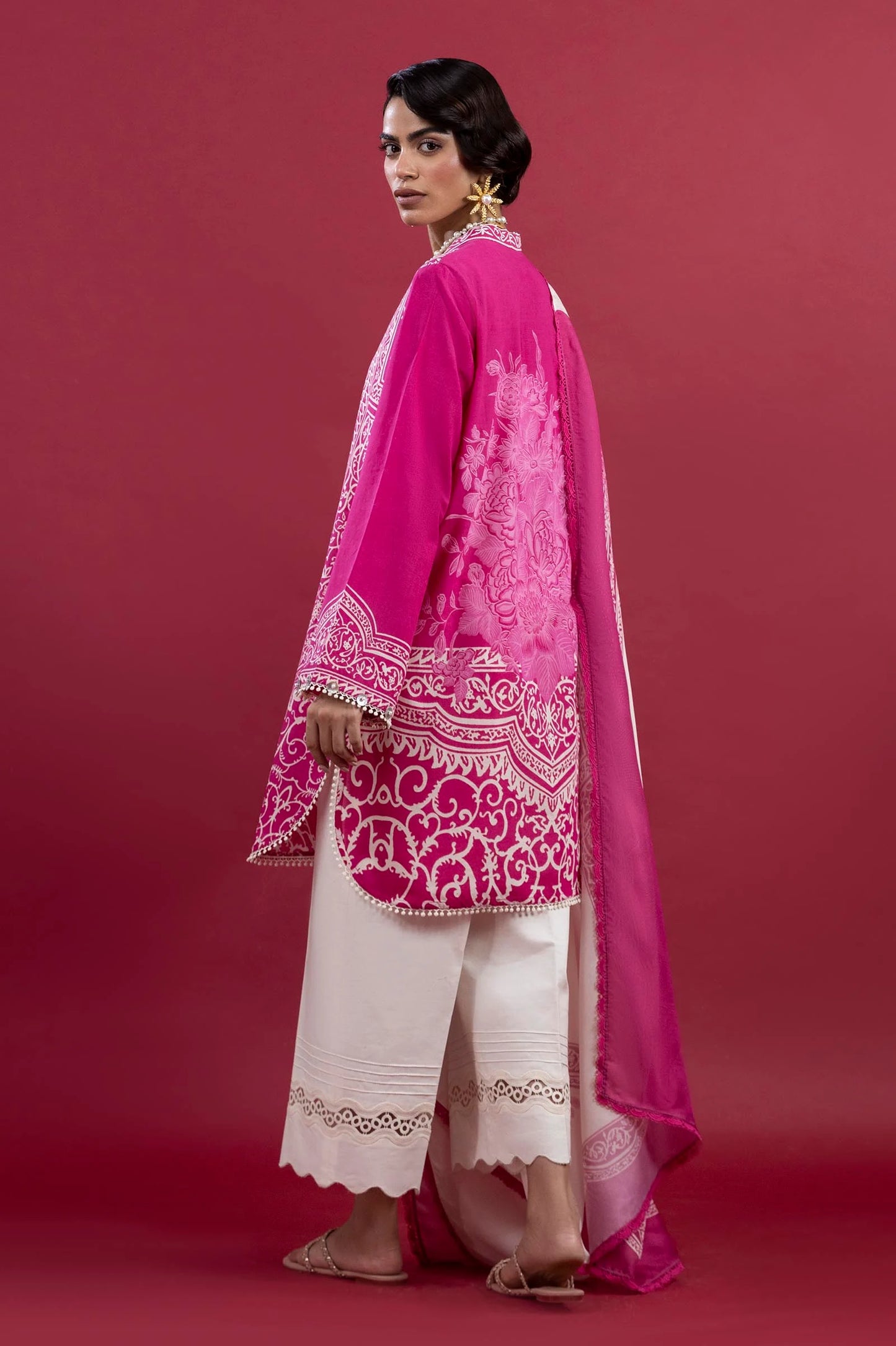 H253-008A-2S – Mahay pink lawn stitched outfit with chiffon dupatta and cambric trousers – Ready-to-wear for USA at Pakistanimoda