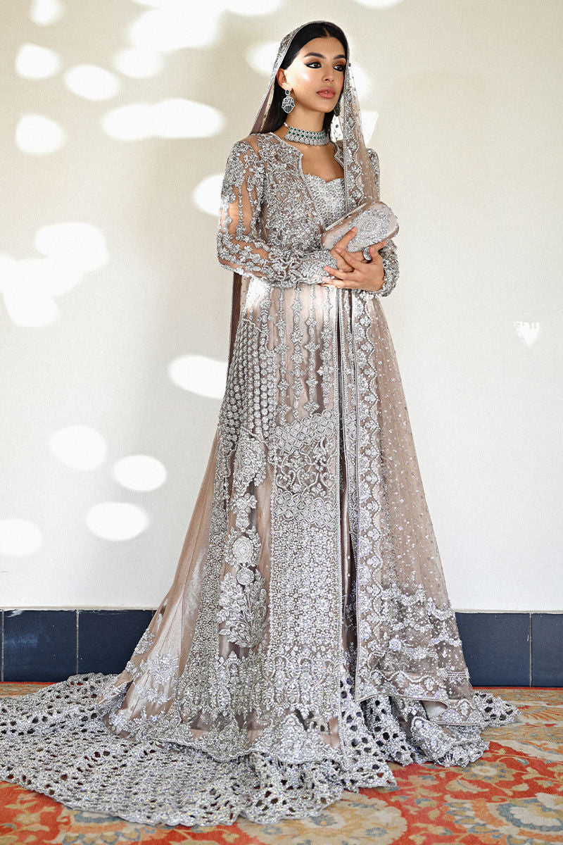 Mocha Pakistani bridal dress with front-open net jacket, silver lamé inner kalidaar, and embellished dupatta – ideal for couture brides in Canada, UK, and USA.