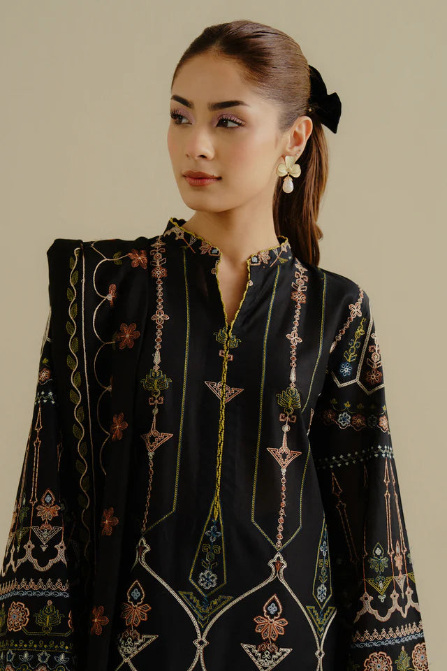 Iris-2A- Deep black embroidered lawn suit By- Zara Shahjahan