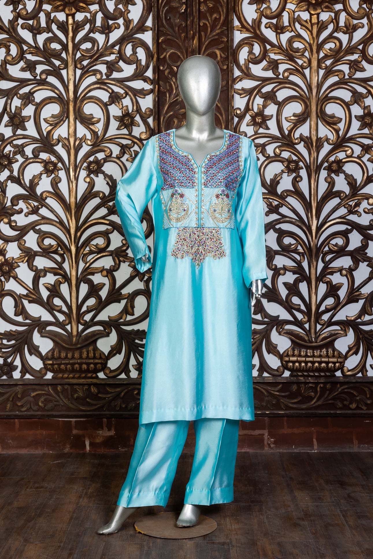 Aqua blue Sheesha silk 3-piece suit with embroidered organza dupatta – festive Pakistani outfit by MariamRaj for Eid and weddings.