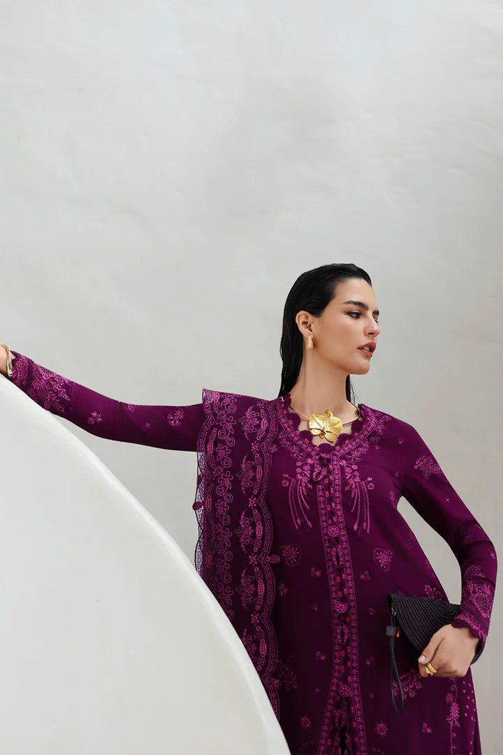 Qalamkar KL-01 Veyrah Plum Linen 3PC Stitched Chikankari Winter Suit Online