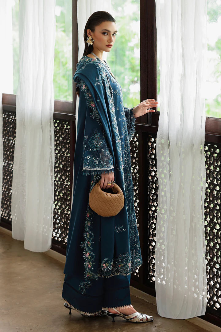 Qalamkar KL-05 Lush teal blue linen embroidered winter 3PC suit