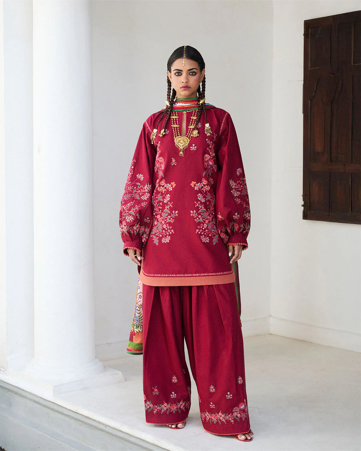 Kunar- Red Embroidered Ensemble By- Hussain Rehar