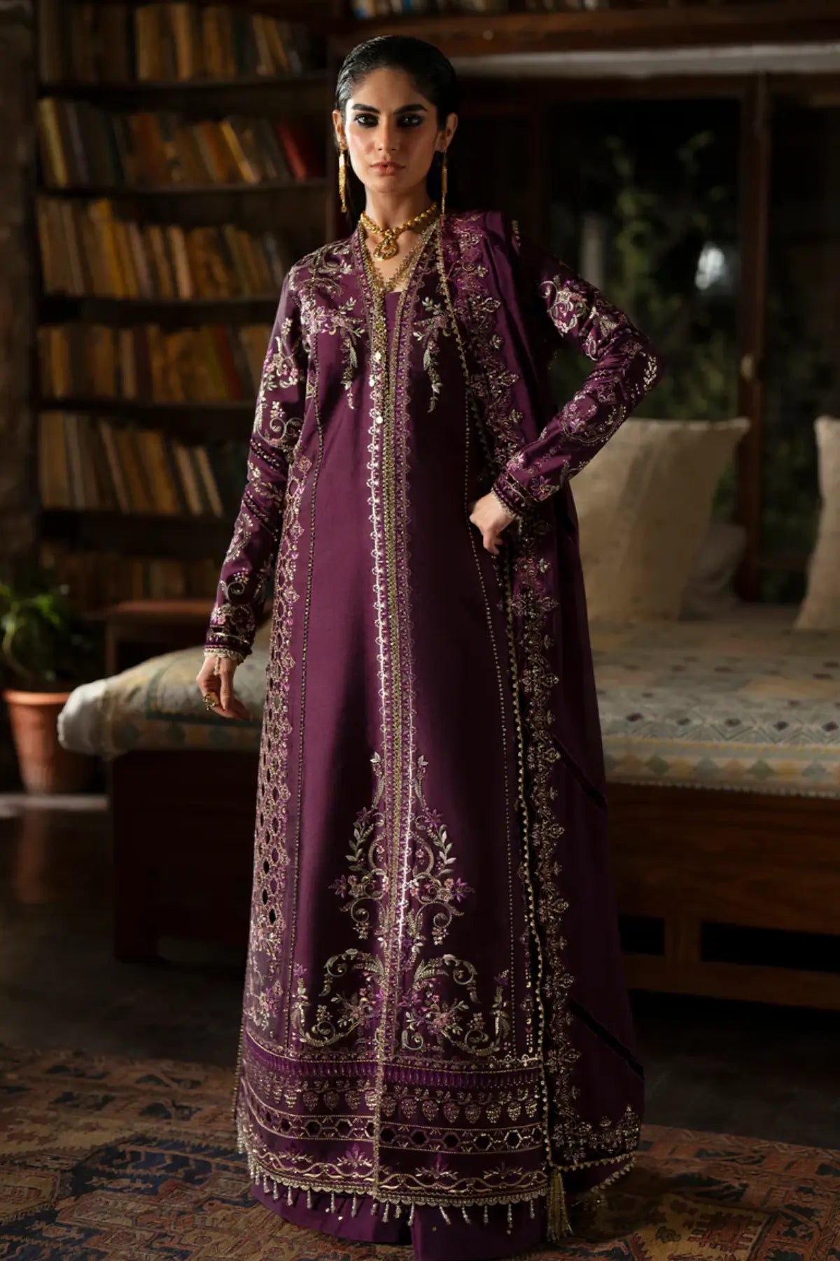 dark purple dresses pakistani A spectacular combination, bright pink with deep purple pakistani style long crepe shirt with zardosi and gota work on it, paired with a crepe sharara! This dress is definitely a showstopper! #