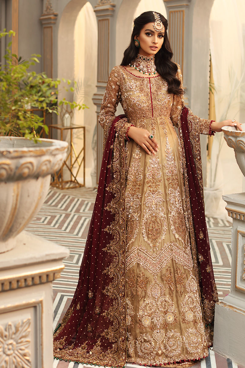 Leilyn-Traditional Bridal Gold Tissue Gown with Maroon Chiffon Dupatta –  Pakistani Moda