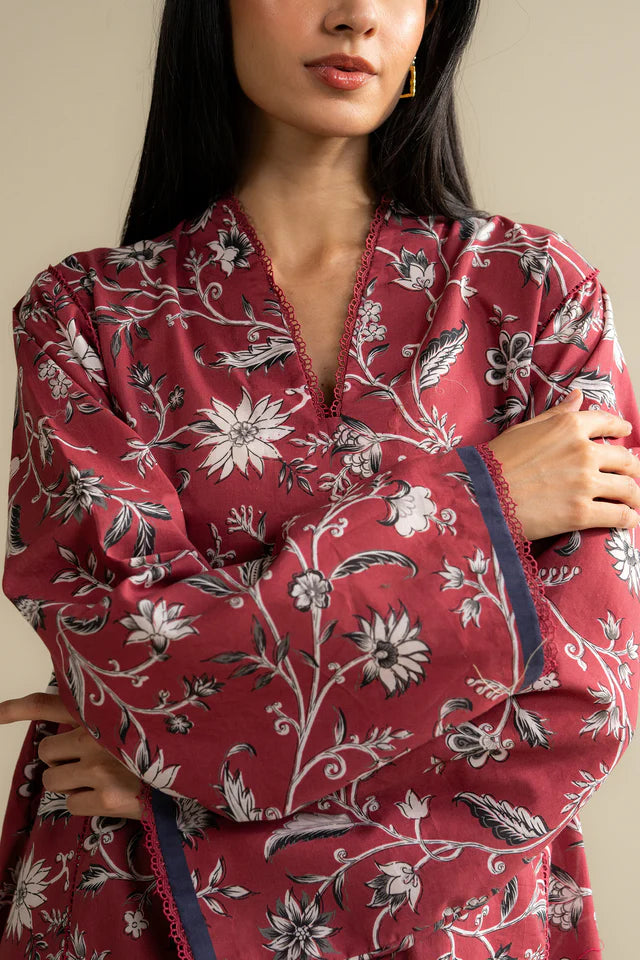 Lioré-7A rosewood printed lawn shirt with beige trousers – Coco Zara Shahjahan