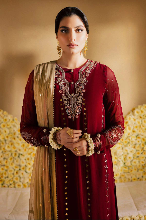 MK-16 Nureh Maroon Chiffon Mukeshkari Dress with embroidered chiffon dupatta, raw silk trouser, and stitched designer finish.