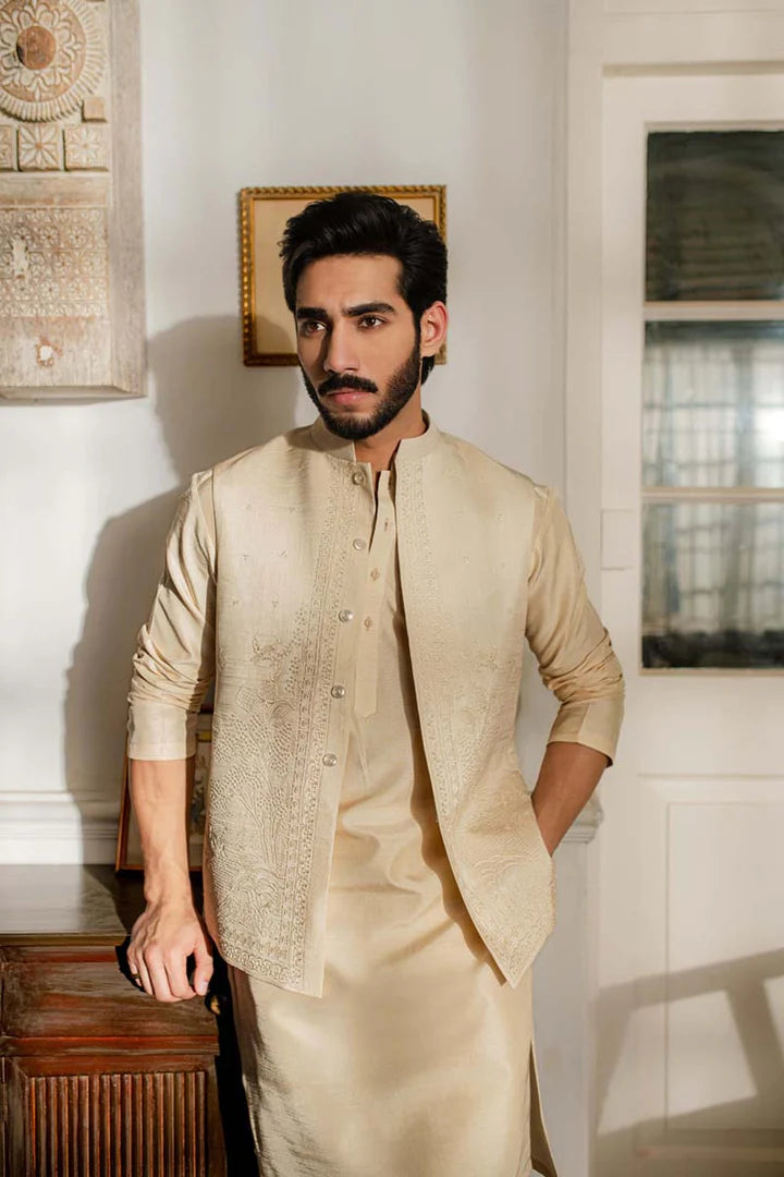 MP-05- Dutch White Kurta Trouser Set With Embroidered Waistcoat