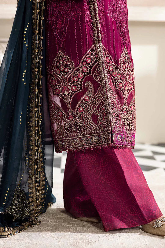 MPC-25-102 Maria B Plum Chiffon Stitched Formal Suit with Velvet Embroidery, Raw Silk Trouser & Dupatta – Pakistanimoda.com