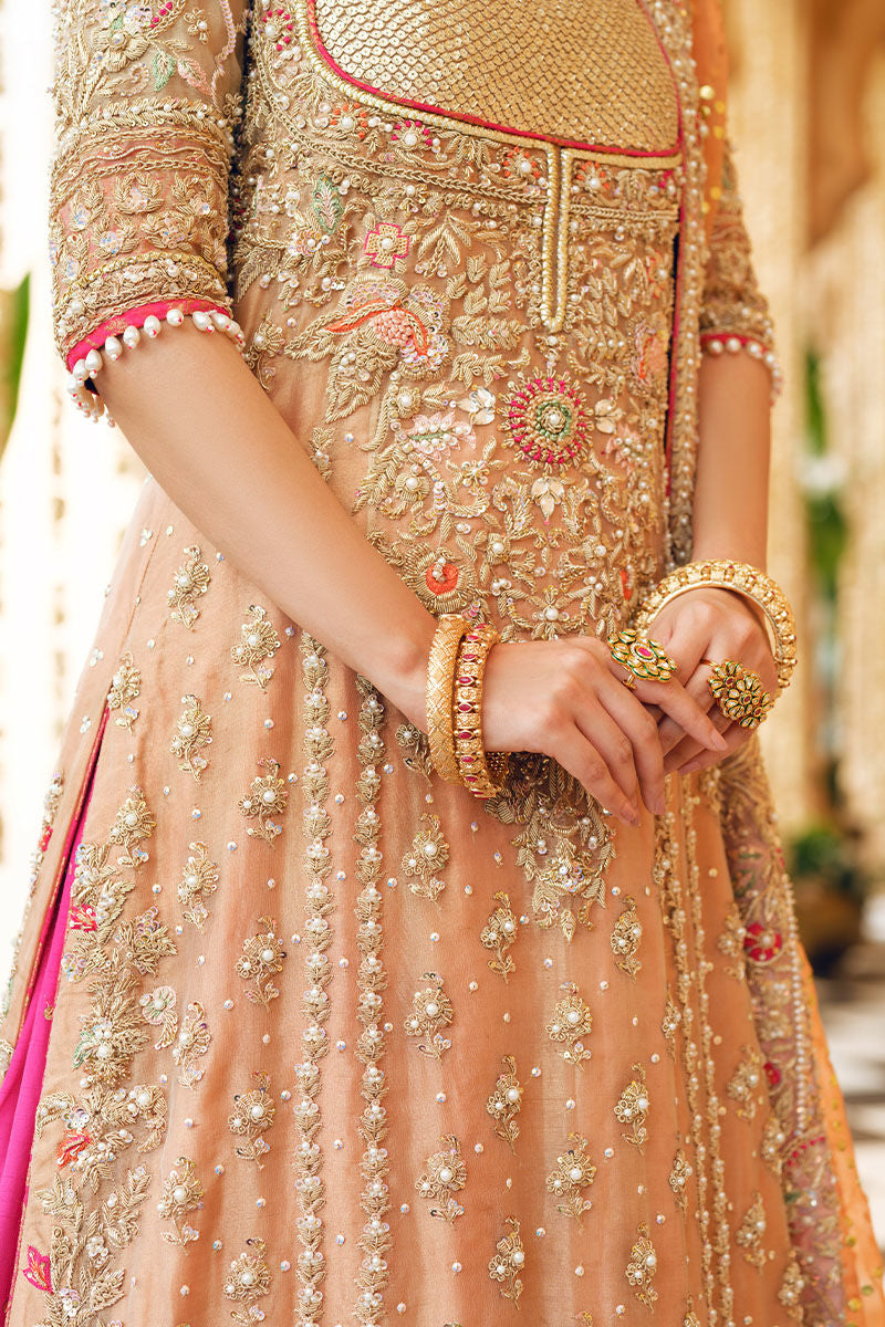 Mabiha- Pakistani Gold Tissue Bridal Shirt with Fuchsia Lehenga