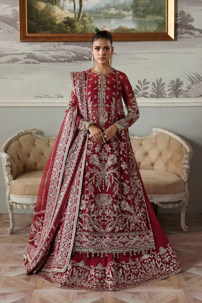 Majeste maroon organza handcrafted bridal lehenga set with dupatta by Akbar Aslam, luxury couture outfit for receptions and wedding brides.