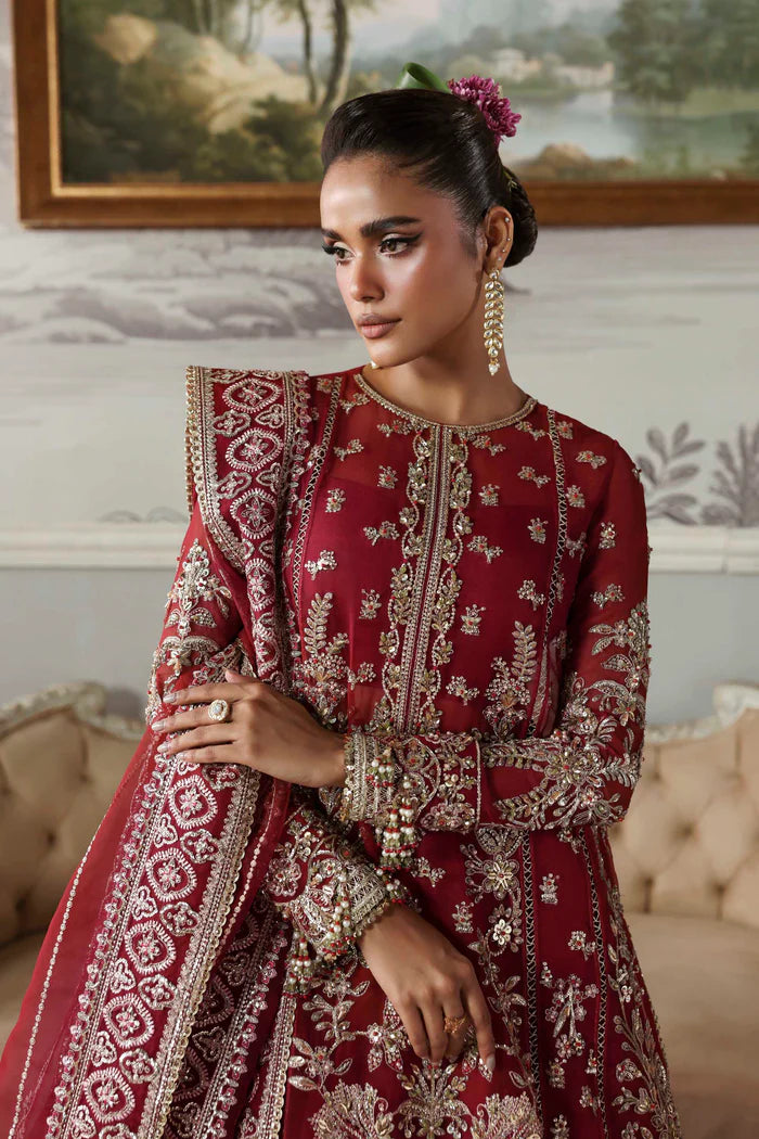 Majeste maroon organza handcrafted bridal lehenga set with dupatta by Akbar Aslam, luxury couture outfit for receptions and wedding brides.