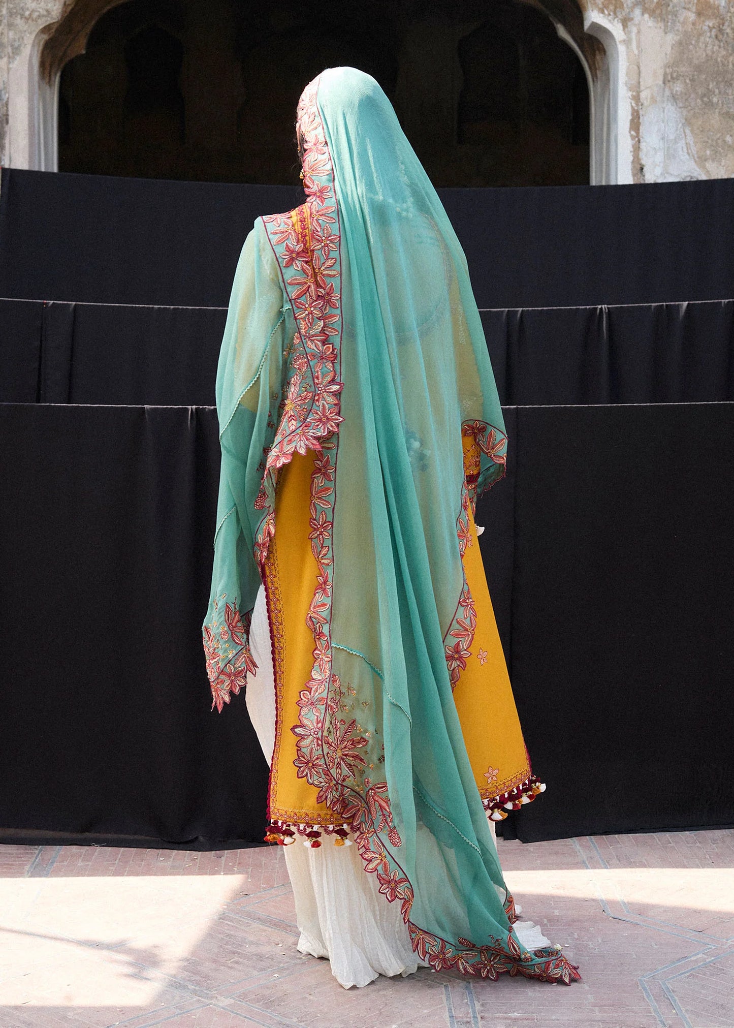 Masam-Vibrant festive lawn outfit in mustard with timeless charm by-Hussain rehar