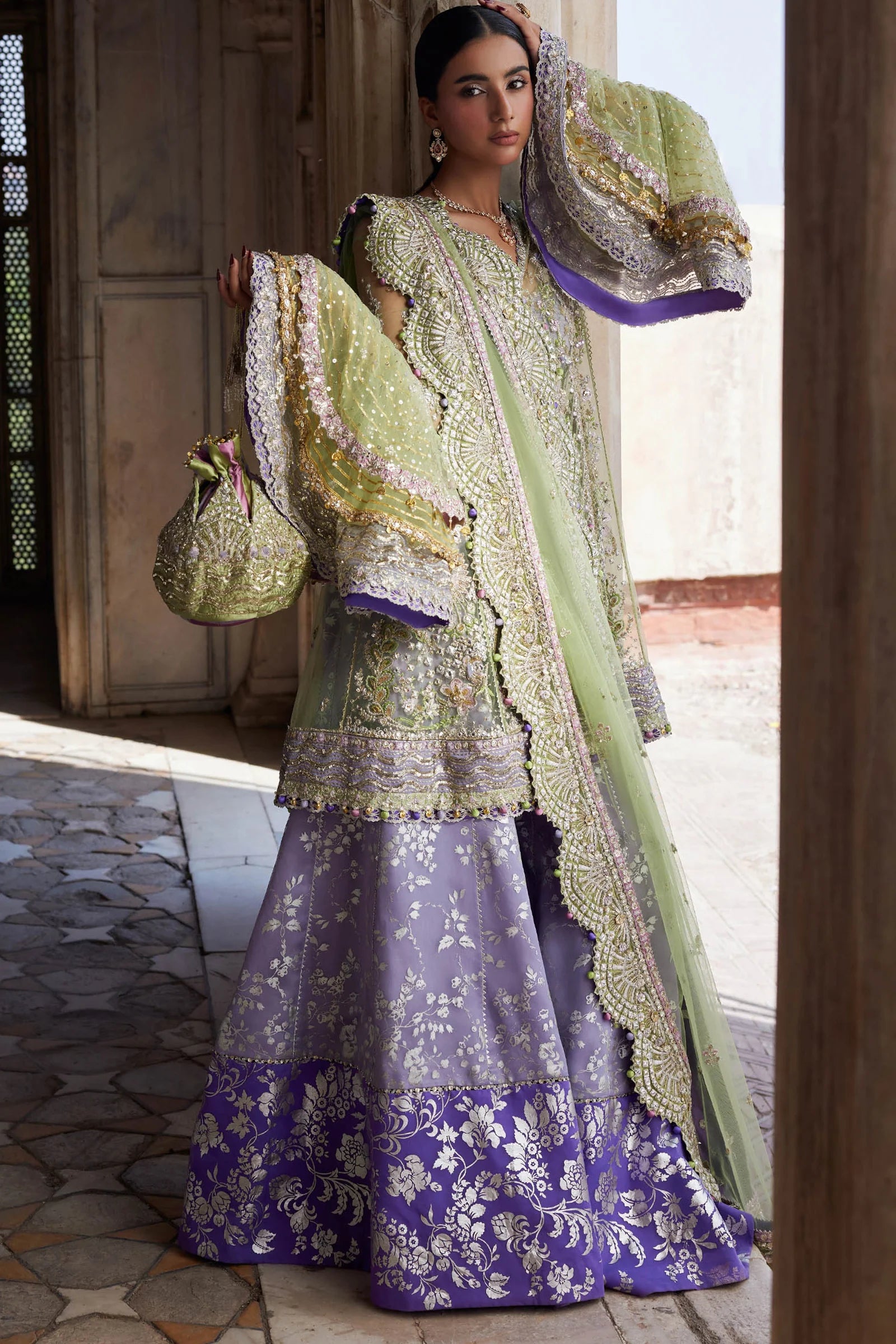 green and purple dress pakistani Mehré-Lilac – Order Zaha Organza Sharara bridal purple mehndi dress