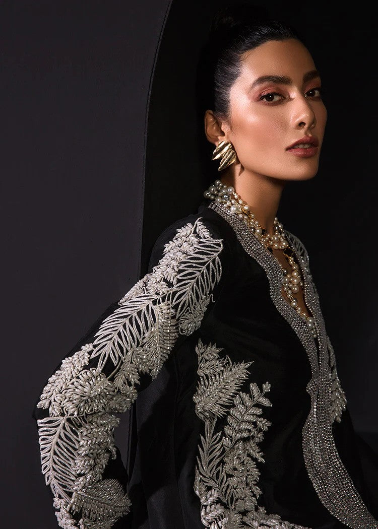 Black raw silk shirt with silver embroidery – formal evening wear.