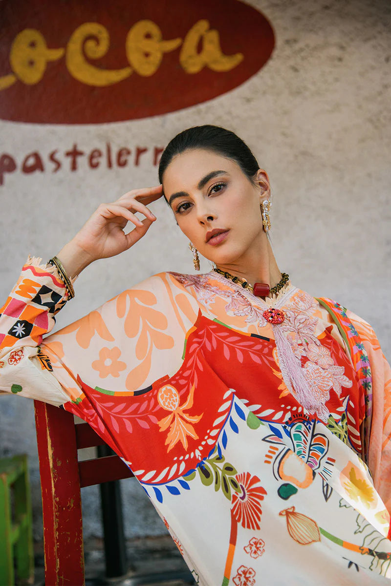 Mulberry Tree- Stylish off-white and peach printed lawn suit with crochet lace accents By- Mushq
