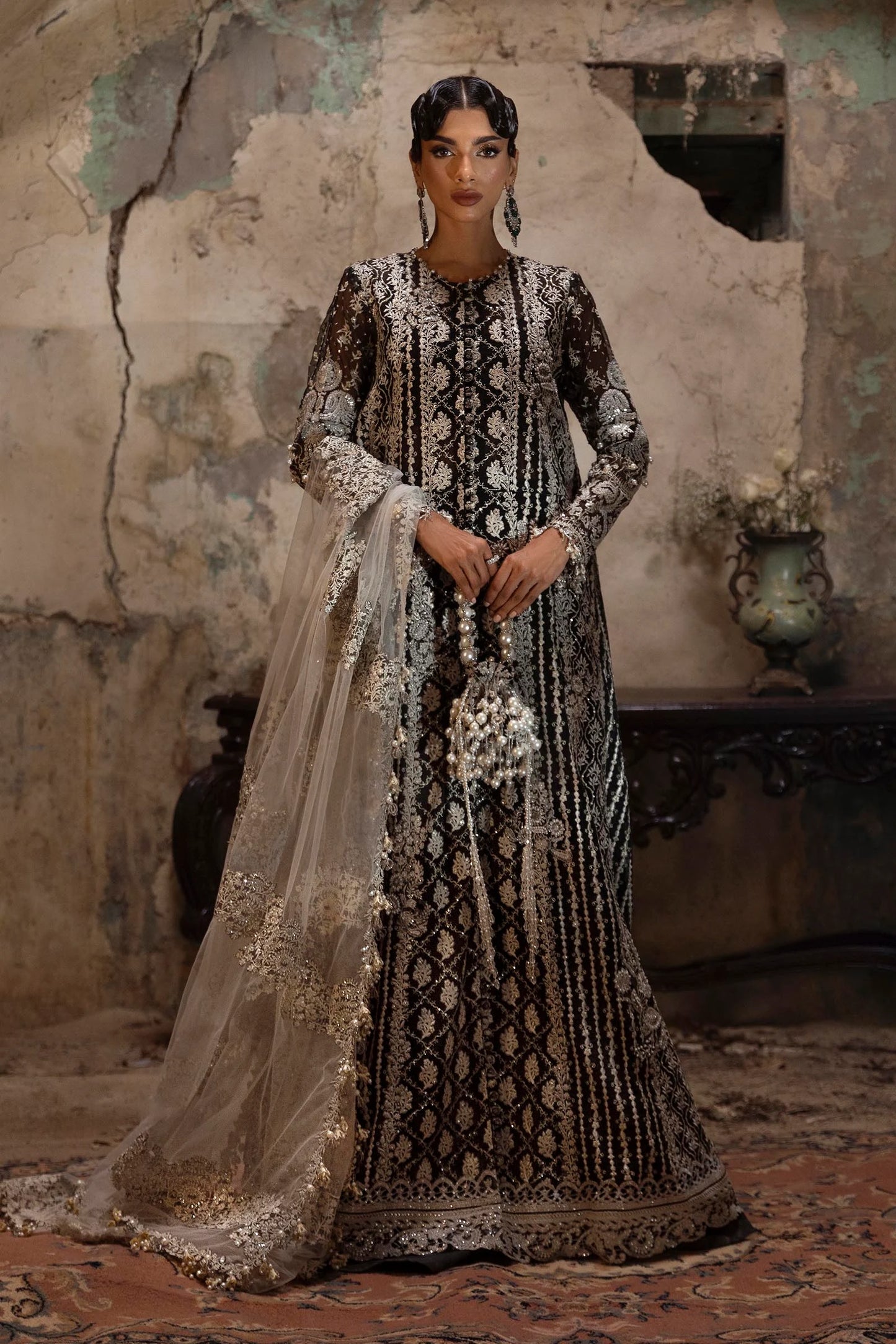 N251-003-3CX- Designer Black Net Maxi Suit By- Sana Safinaz