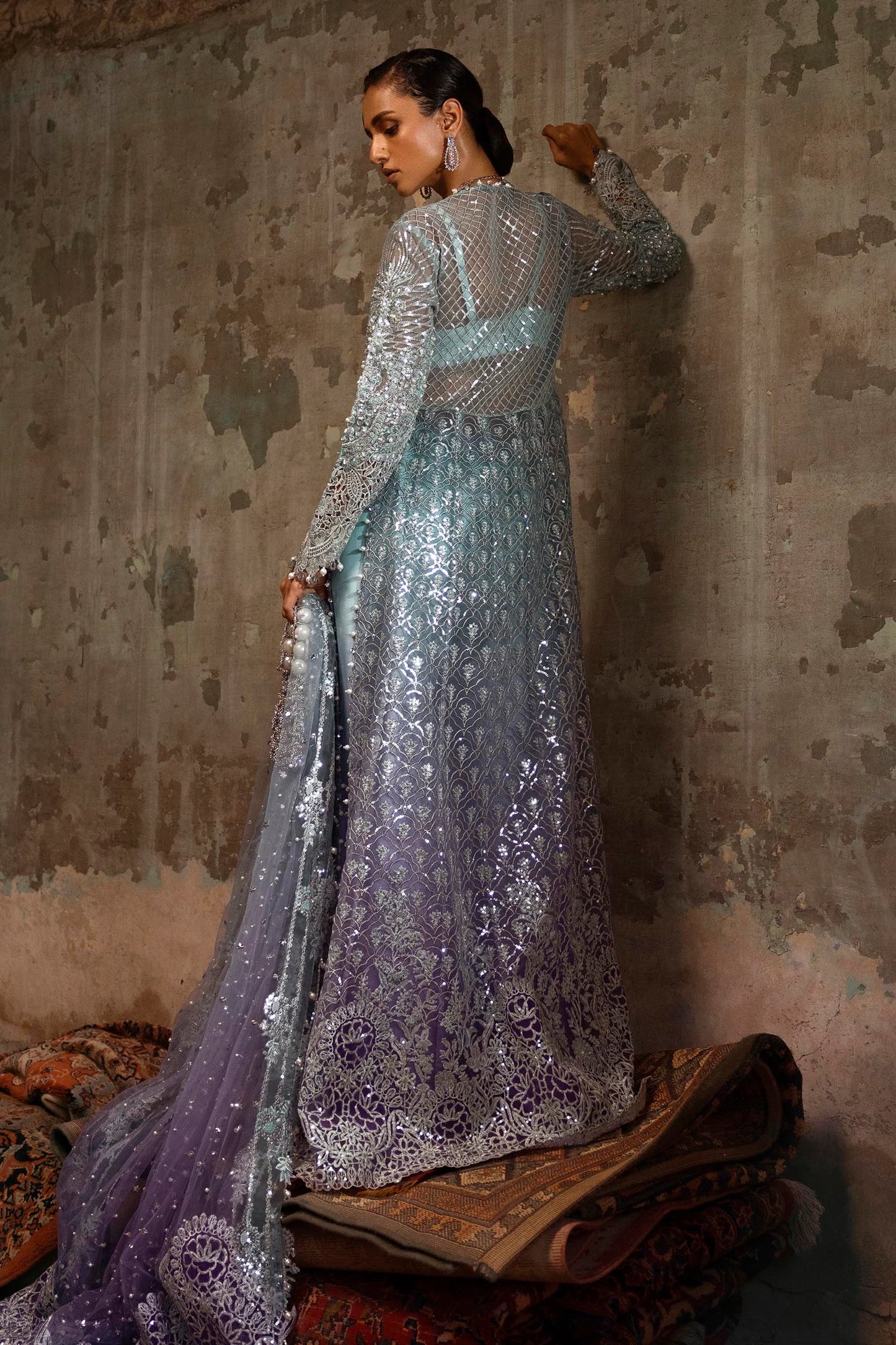 N252-002-3CX stitched Sana Safinaz aqua blue formal dress with raw silk trouser and pearl net dupatta – Pakistani wedding wear for USA and Canada