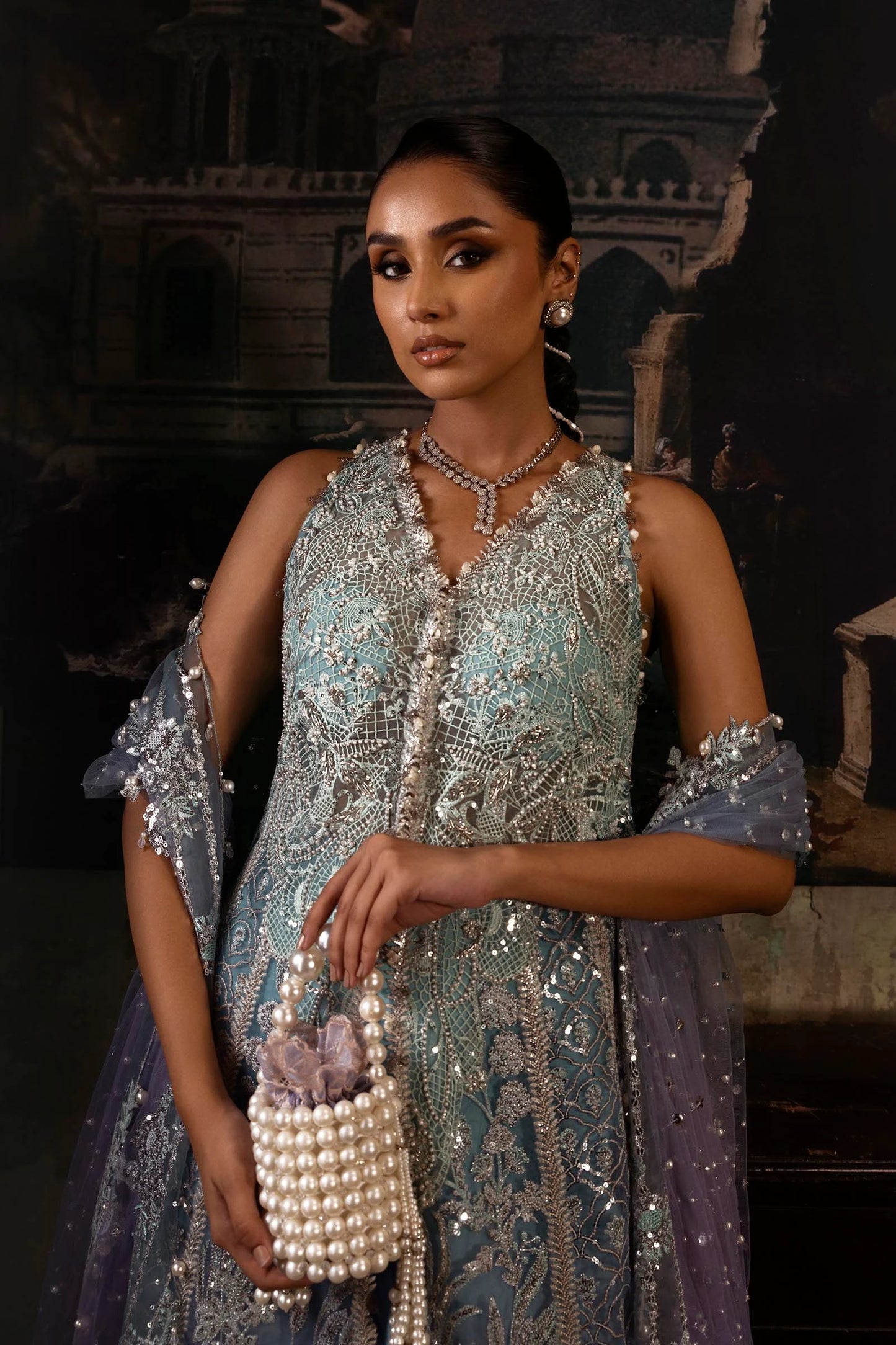 N252-002-3CX stitched Sana Safinaz aqua blue formal dress with raw silk trouser and pearl net dupatta – Pakistani wedding wear for USA and Canada