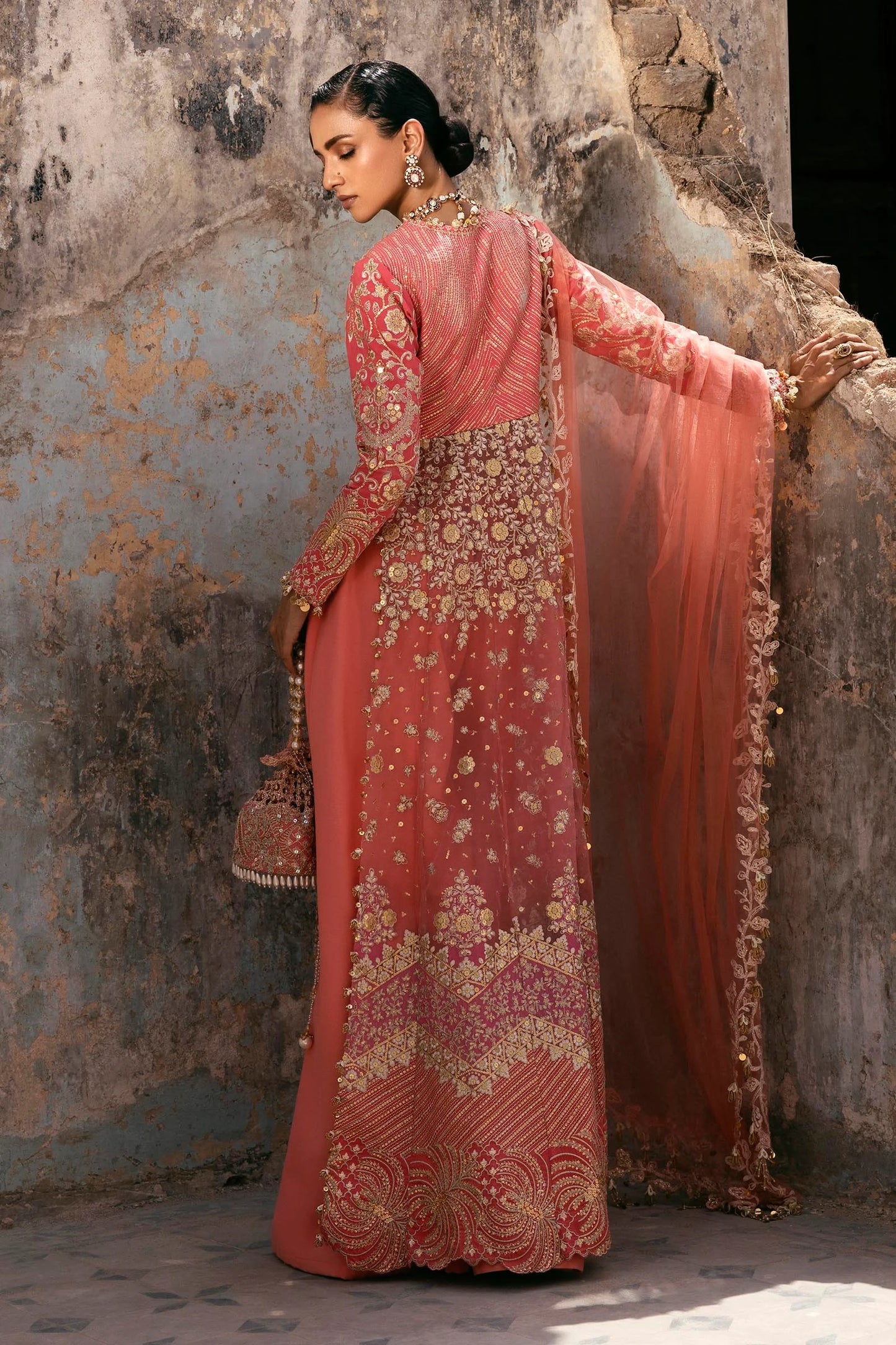 N252-005-3CX stitched fuchsia pink wedding suit with organza panels and embroidered dupatta – Sana Safinaz for Pakistani women in USA, UK, Canada