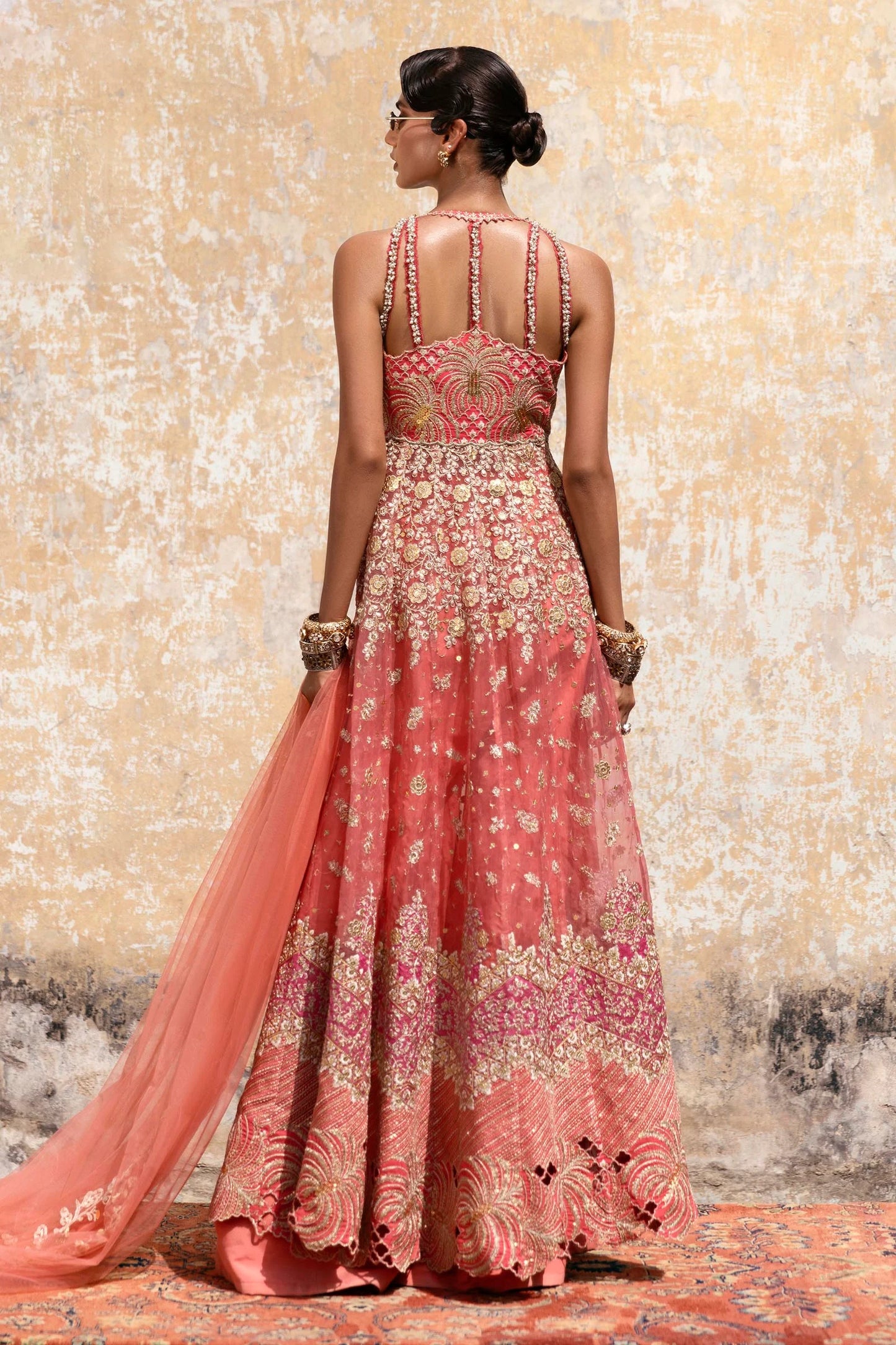 N252-005-3CX stitched fuchsia pink wedding suit with organza panels and embroidered dupatta – Sana Safinaz for Pakistani women in USA, UK, Canada