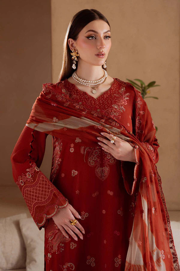 NE-171 Nureh Karandi Collection – Designer Orange Embroidered Karandi 3PC Suit with Chiffon Dupatta Stitched at Pakistanimoda.com