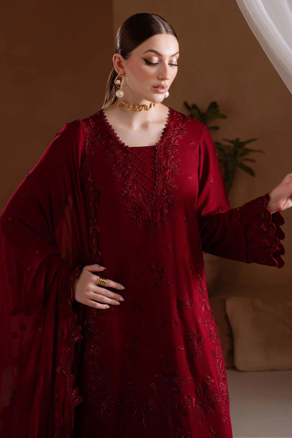 NE-173 Nureh Karandi Collection – Luxury Red Embroidered Karandi Suit with Chiffon Dupatta Stitched at Pakistanimoda.com