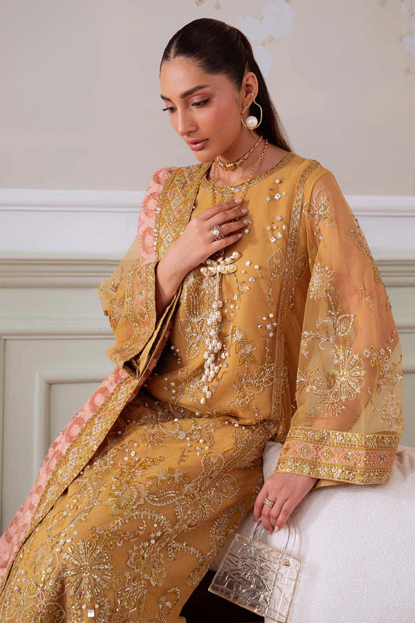 NEL-81 – Order Nureh Elanora Mustard Gold Net Embroidered Formal Outfit | Pakistanimoda