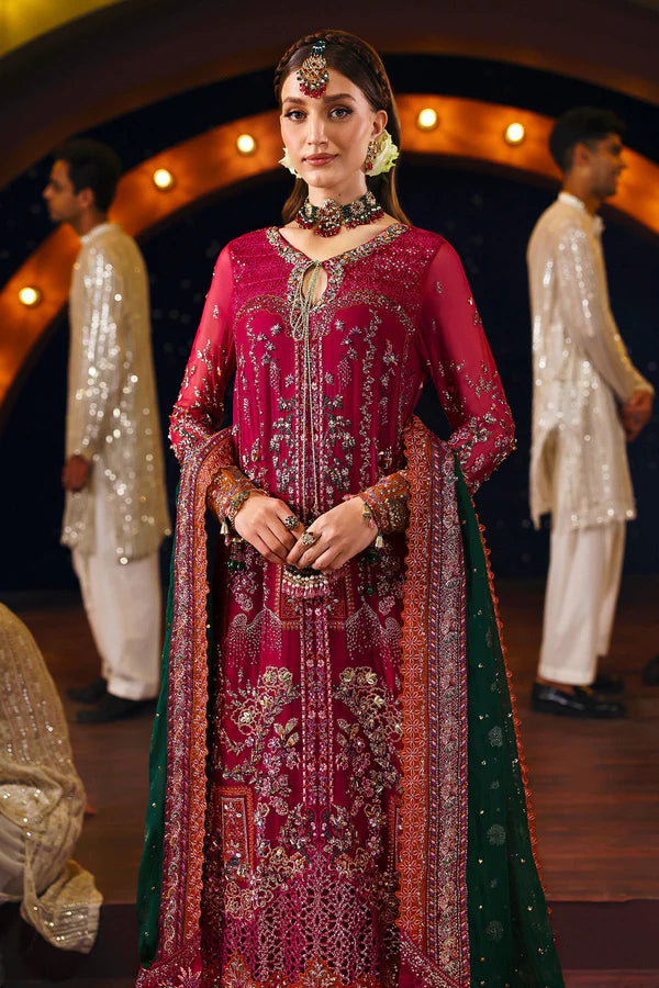 NL-82 Syera stitched magenta chiffon formal outfit with embroidered shirt & green zarri dupatta – Nureh Jhoomro festive wear.