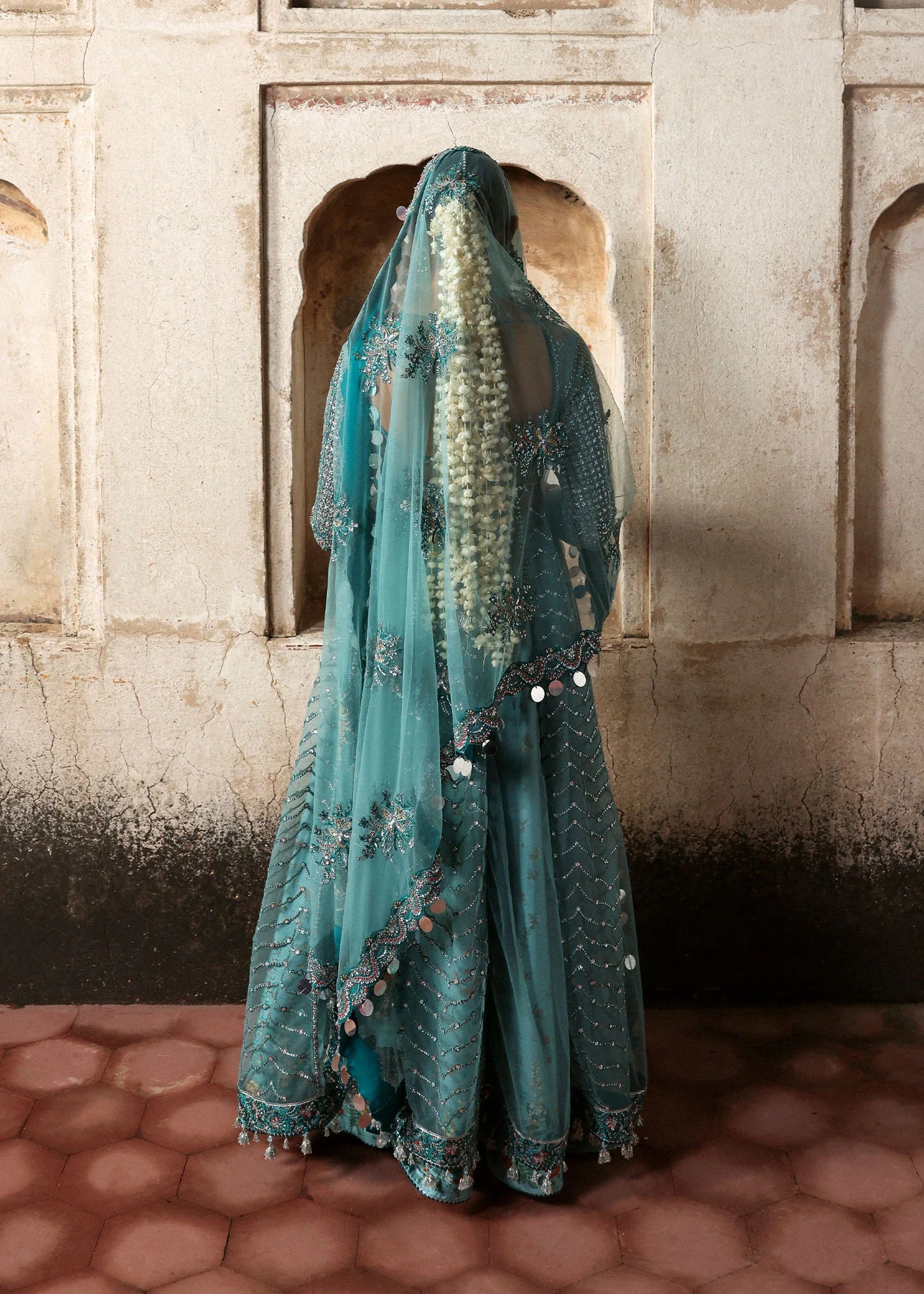 Luxury Nagma Ice Blue Net Pishwas with embroidered dupatta and Korean raw silk lehnga – Hussain Rehar Massarat Festive 2025 stitched outfit online.