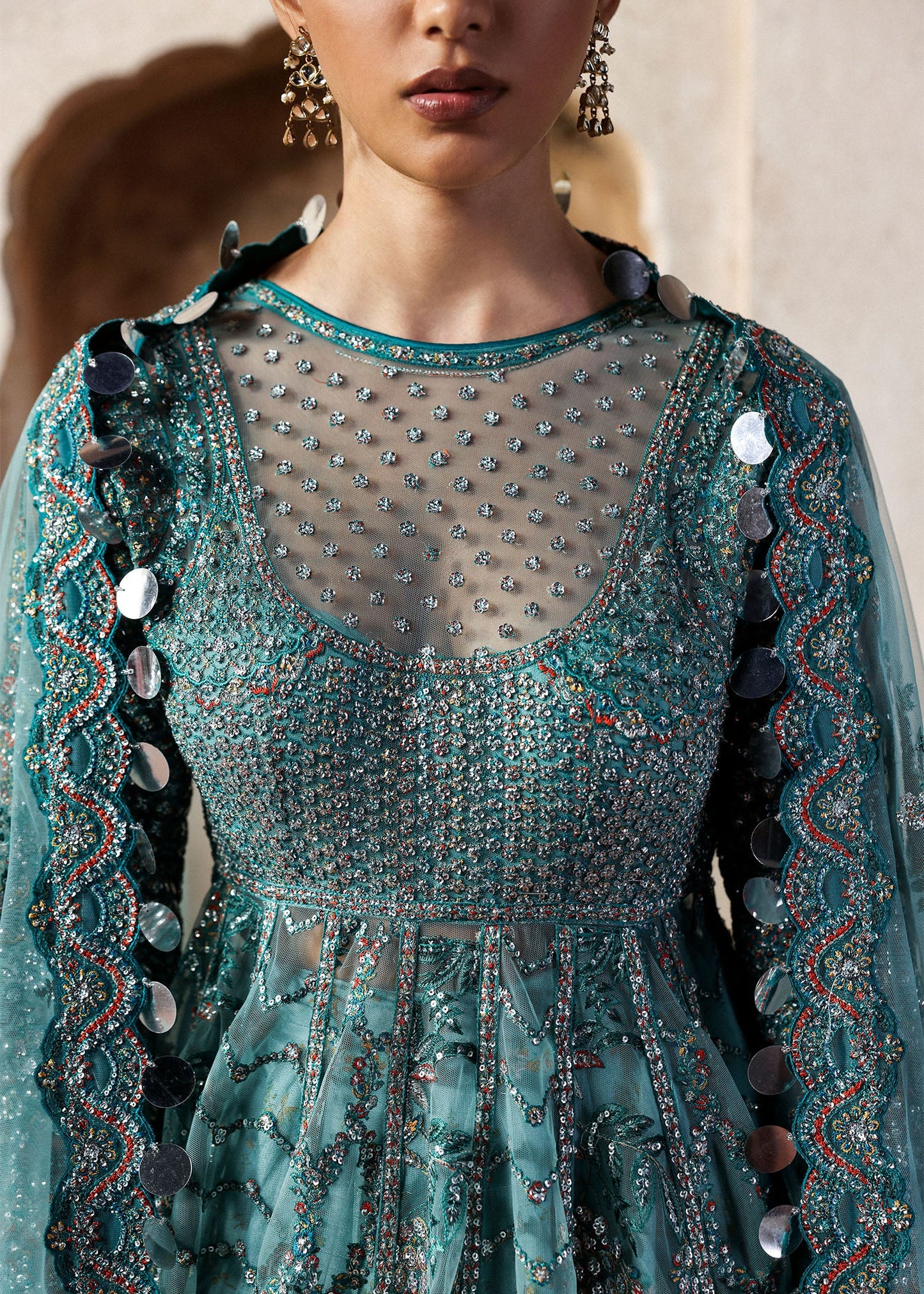 Luxury Nagma Ice Blue Net Pishwas with embroidered dupatta and Korean raw silk lehnga – Hussain Rehar Massarat Festive 2025 stitched outfit online.