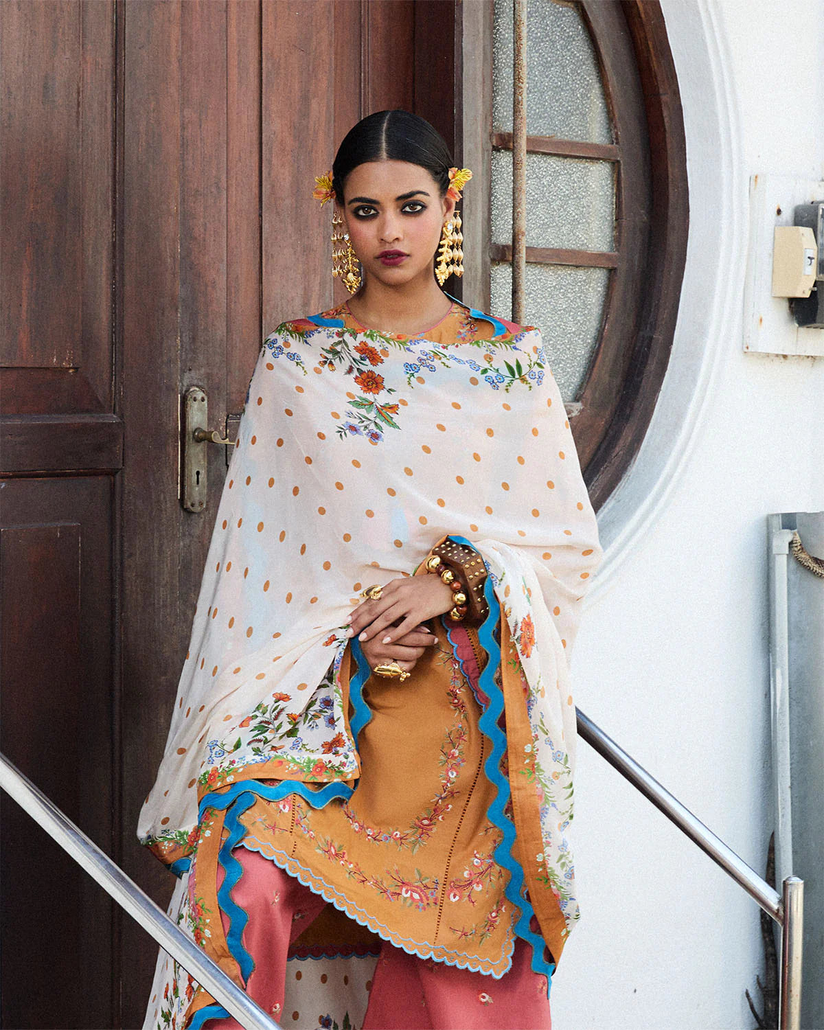 Nal- Mustard Embroidered Ensemble By- Hussain Rehar