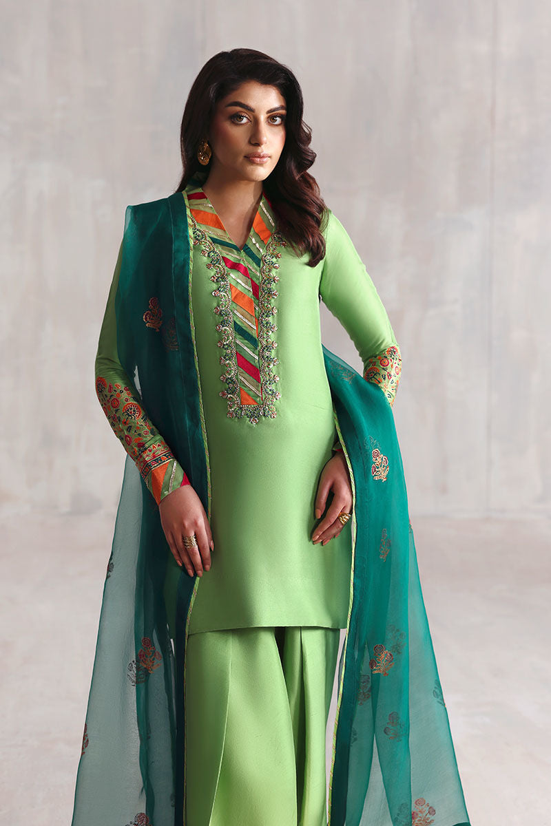 Green Pakistani block printed Korean raw silk suit with organza dupatta – 3-piece Eid outfit for women in USA, UK, Canada, and UAE.
