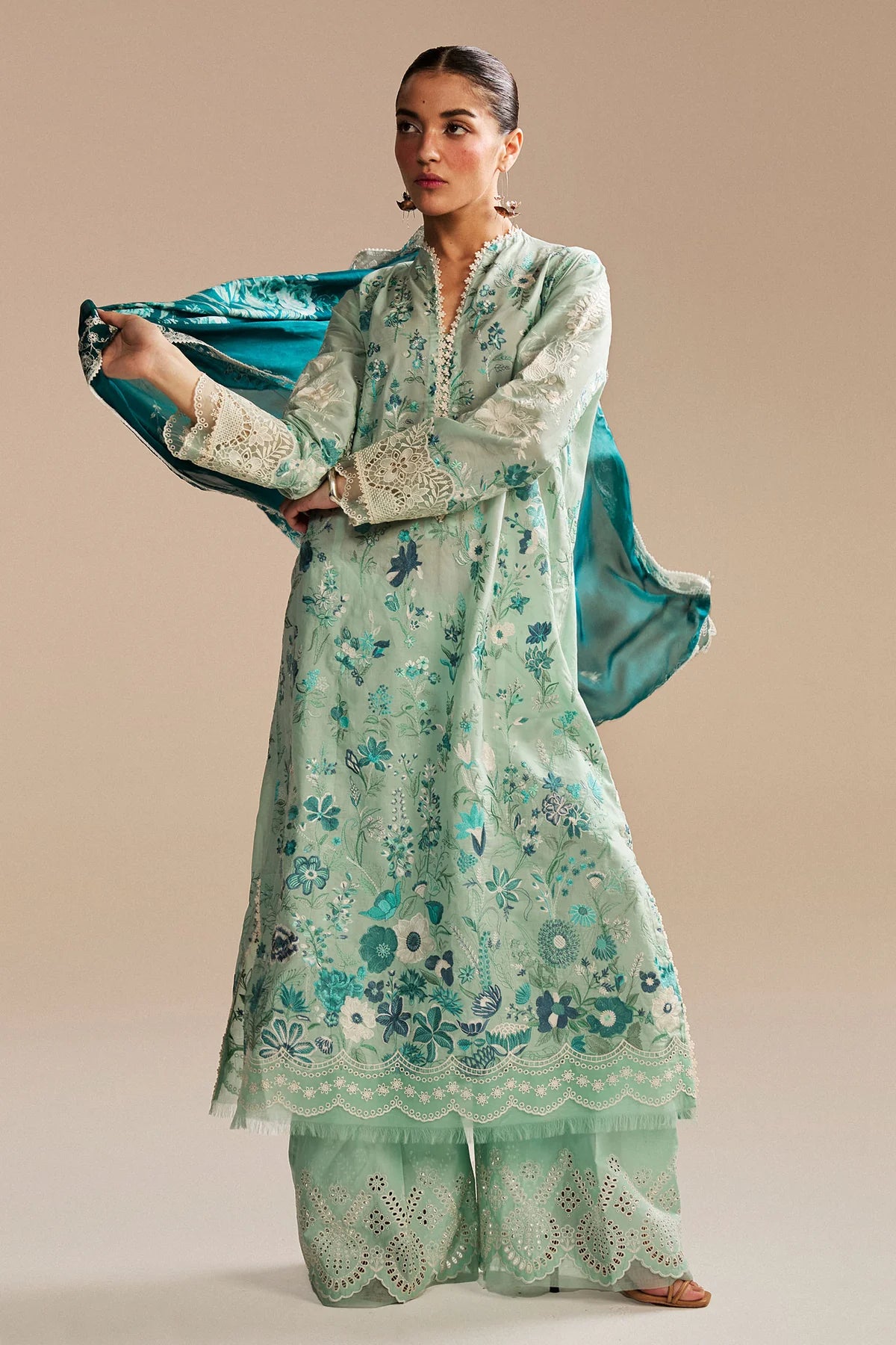 Nozomi-2B- Embroidered Light Green Lawn Ensemble By- Zara Shahjahan