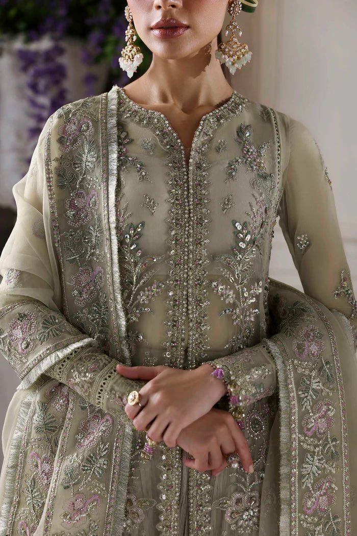 Obsidian designer beige organza sharara outfit with long embroidered shirt and dupatta by Akbar Aslam, luxury wear for festive celebrations.