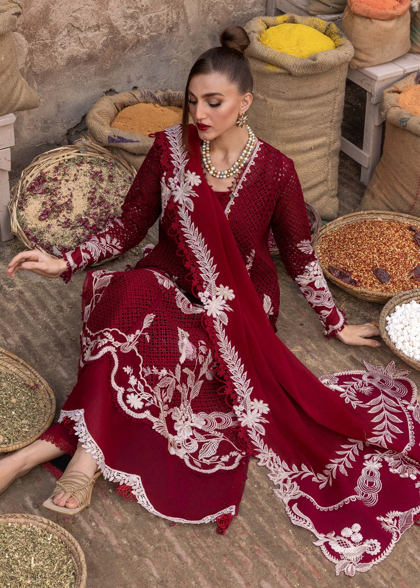 One True Love-D6A-Scarlet Red Embroidered Pakistani Dress with Ghaara Work by Crimson