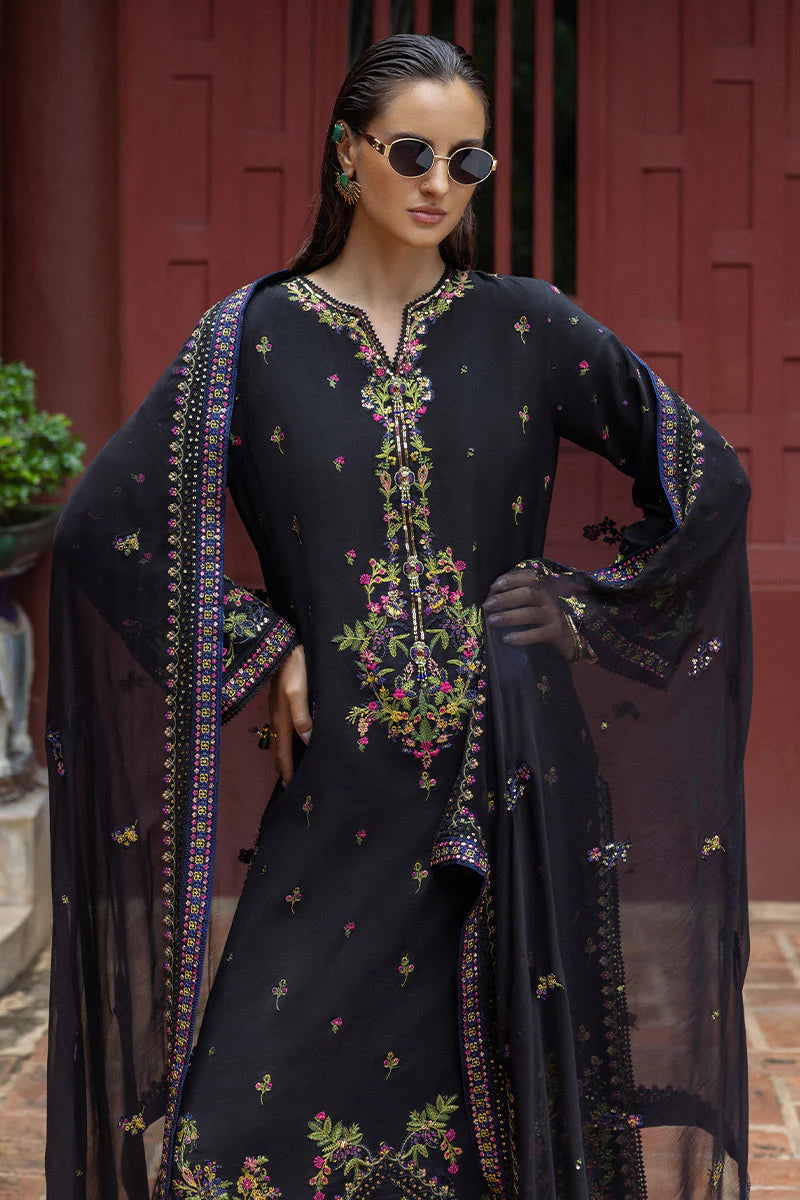 Onyxa black raw silk embroidered stitched suit with chiffon dupatta & crochet lace – party wear outfit online.
