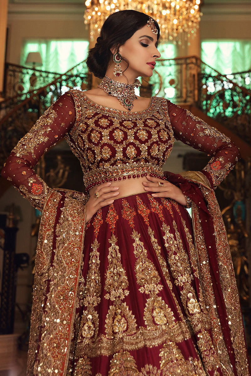 Parize- Pakistani Designer Maroon Bridal Lehenga Perfect for Baraat