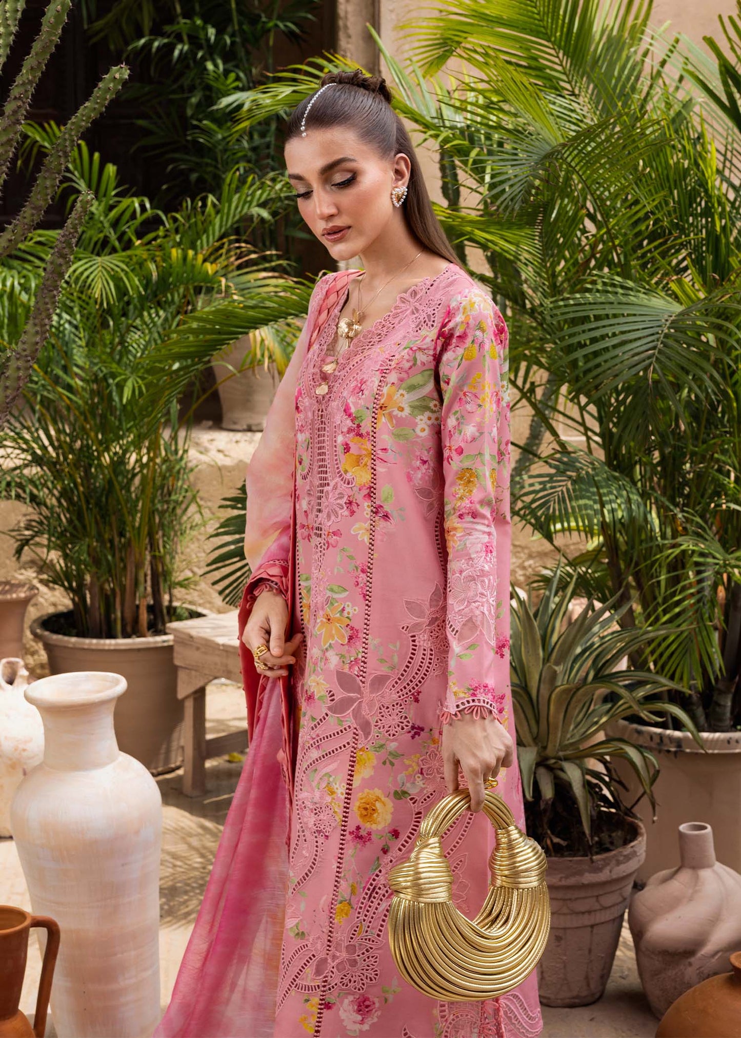 Petals and Promises- D2A-Designer Rosette Embroidered Lawn Suit with monar Dupatta by Crimson