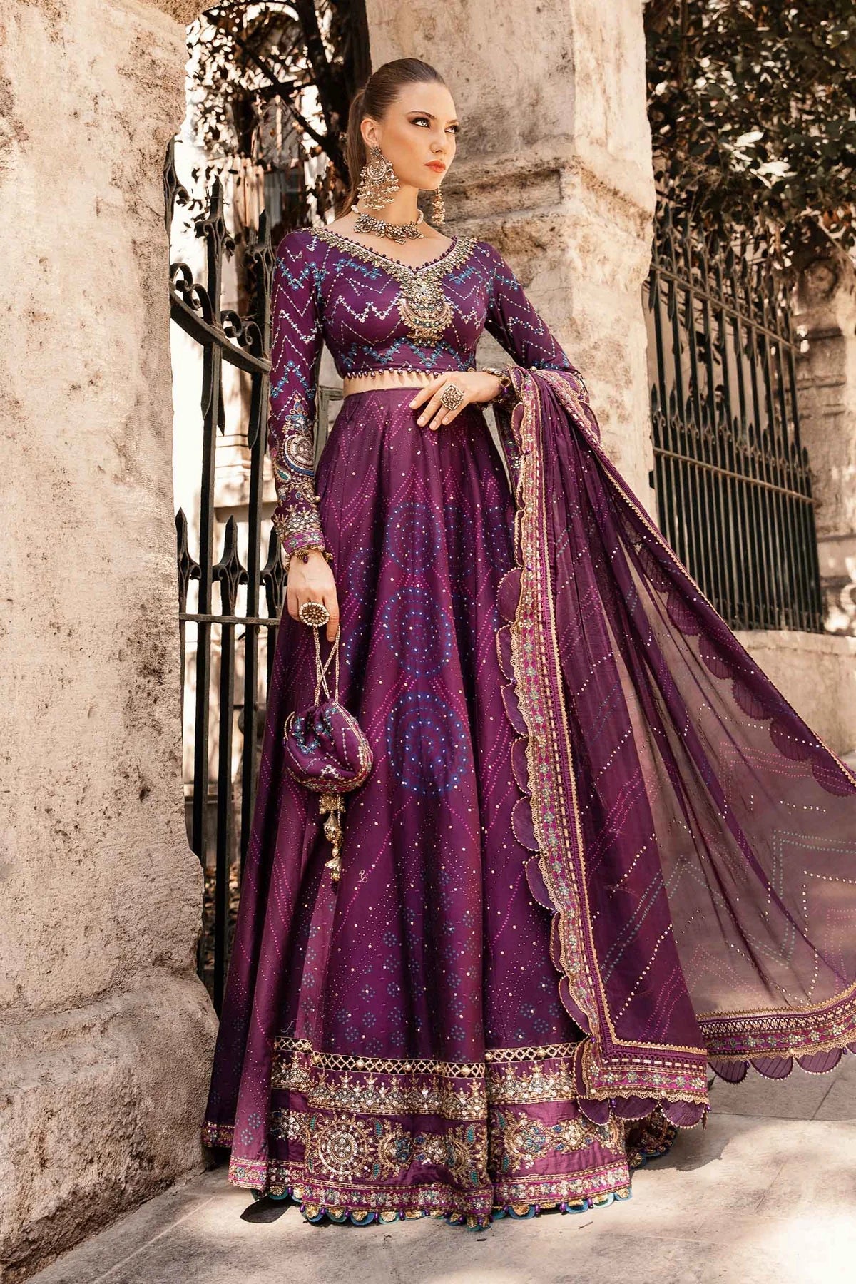 Purple Embroidered Cotton Satin Suit By Maria B