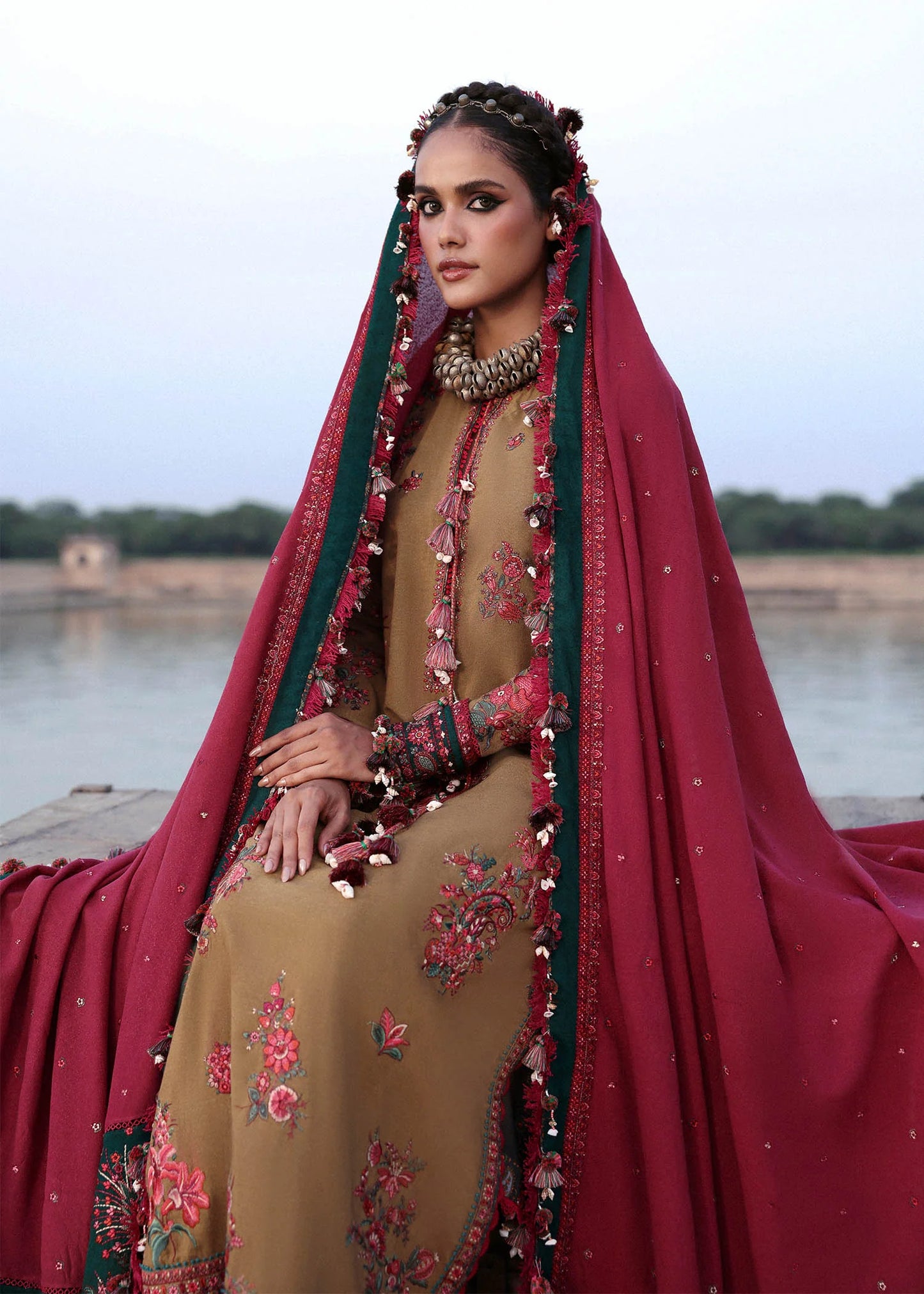 Rumi Olive Green Karandi Shawl Suit by Hussain Rehar for Dholki Mayoun | pakistanimoda.com