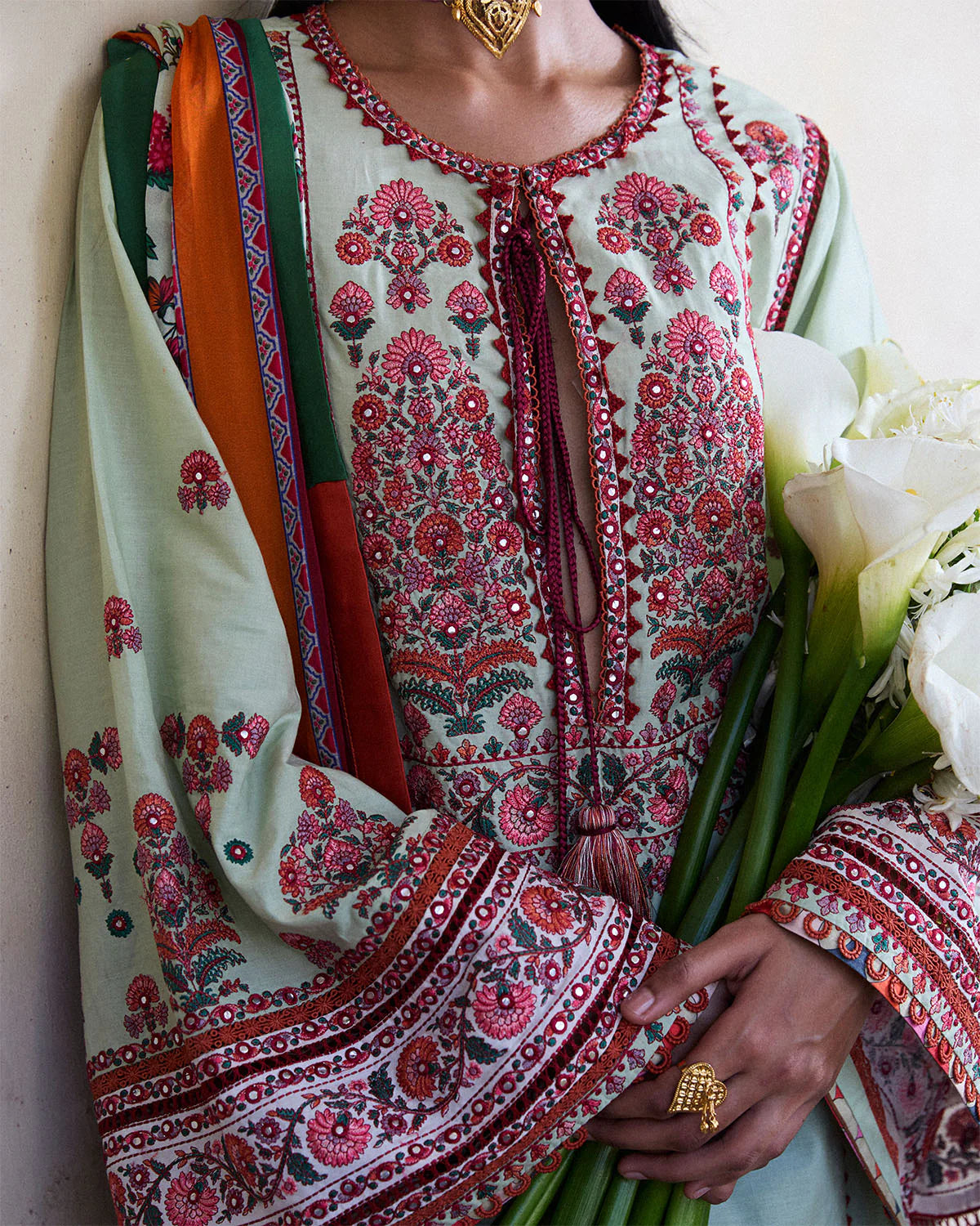 Rupal- Light Green Embroidered Ensemble By- Hussain Rehar