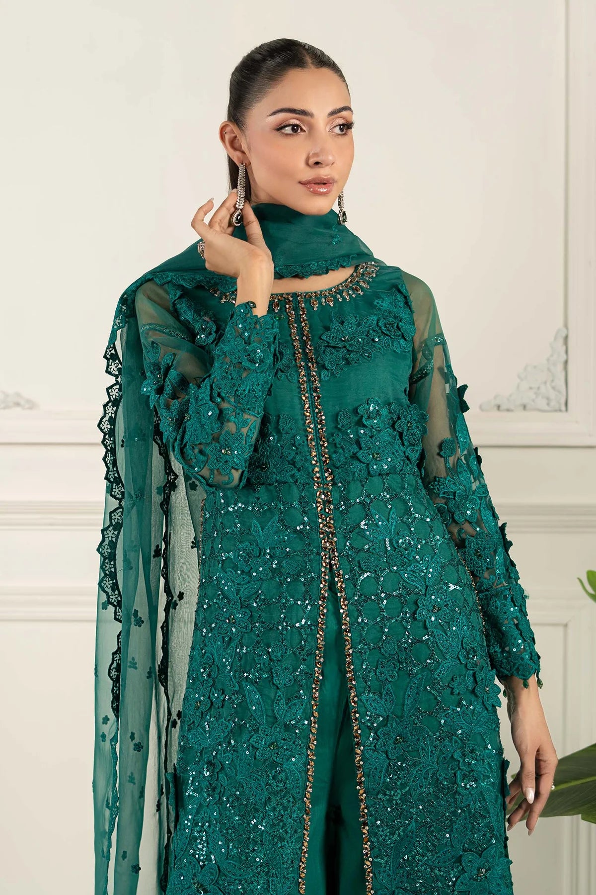 SF-EF25-04 -Embroidered Green Organza Suit By- Maria.B