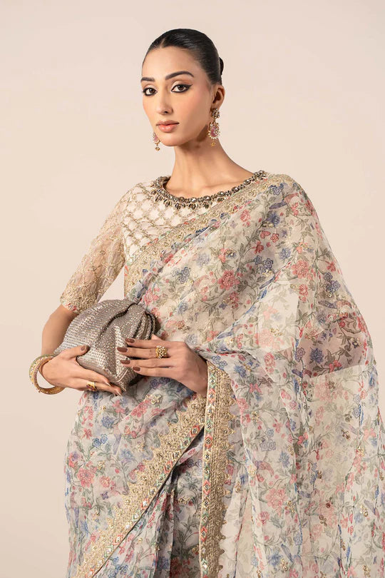 SF-EF25-08 -Embroidered Beige Organza Saree By- Maria.B