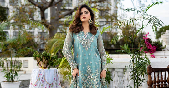 SF-EF25-53 -Embroidered Ice-Blue Organza Suit
