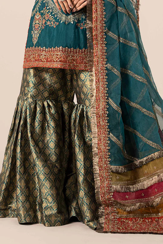 SF-W24-25 -Embroidered Green Raw Silk Suit By- Maria.B