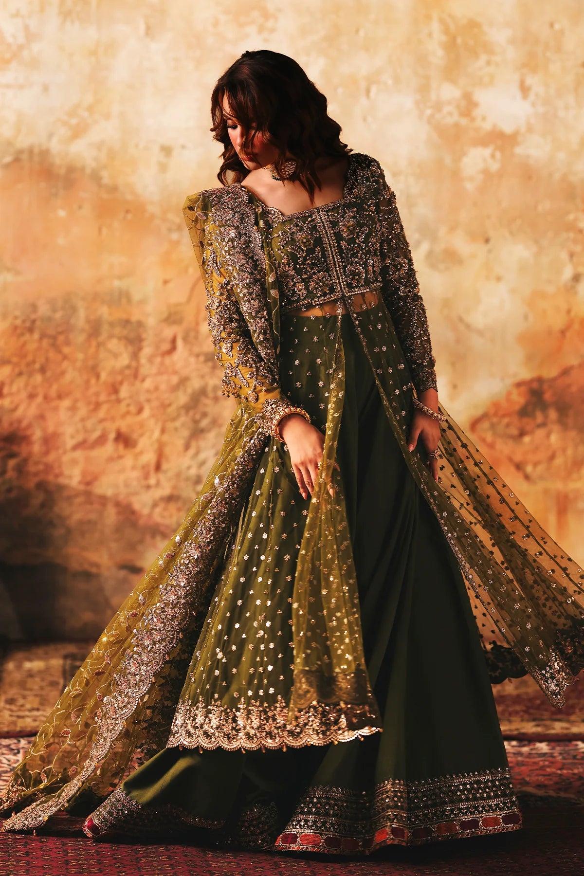 Charizma STM-5-03 Olive Green Net Pishwas with Hand Embroidery, Sharara & Sequin Dupatta for Weddings – Pakistanimoda